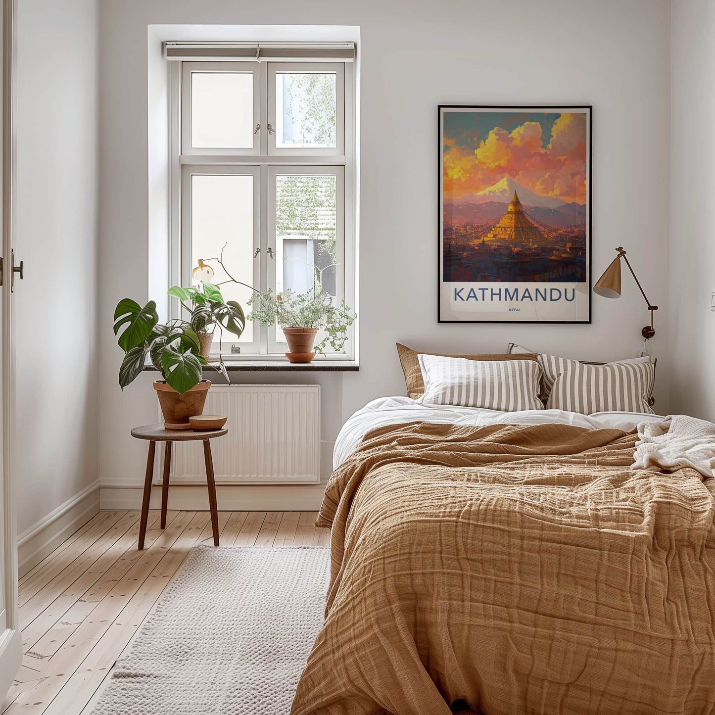 Kathmandu Poster - Nepal Travel Art - Golden Stupa Sunset Home Decor
