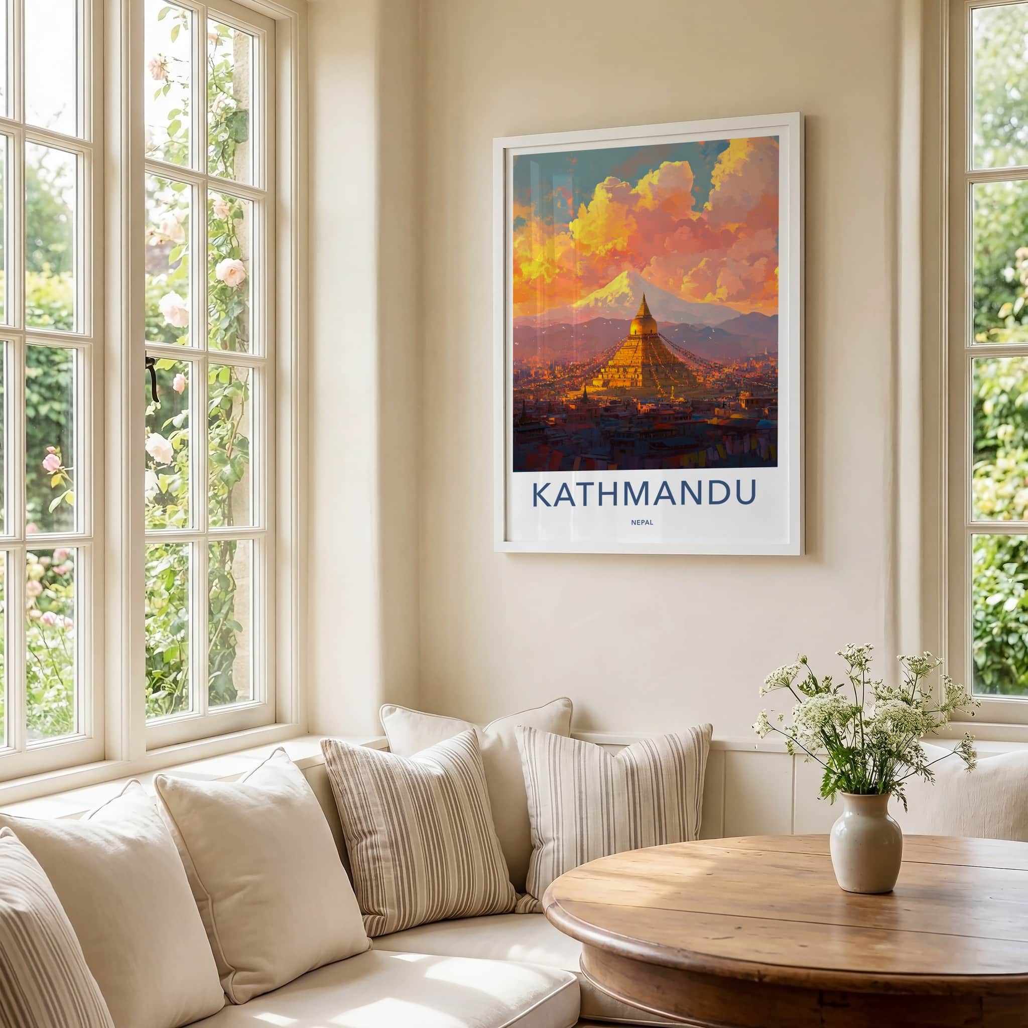 Kathmandu Poster - Nepal Travel Art - Golden Stupa Sunset Home Decor