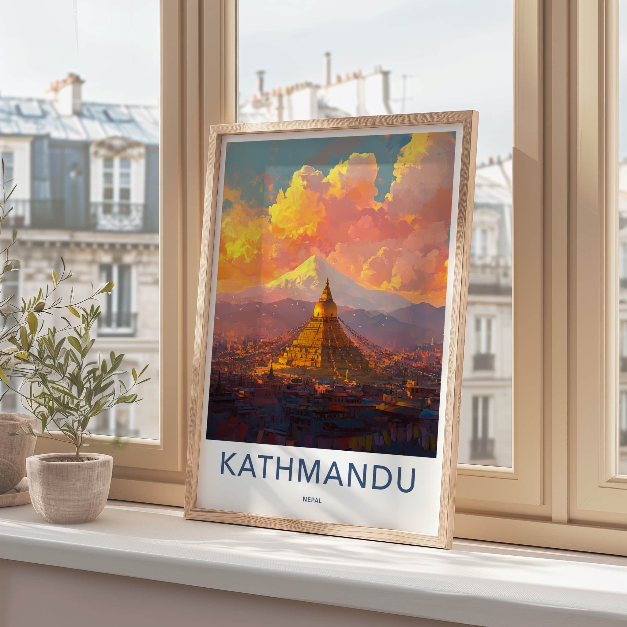 Kathmandu Poster - Nepal Travel Art - Golden Stupa Sunset Home Decor
