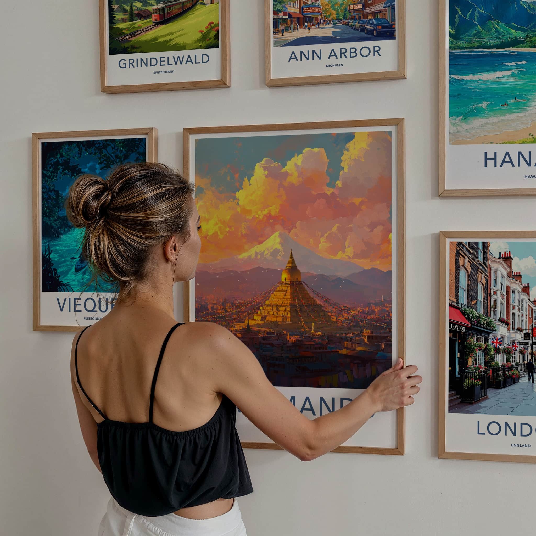 Kathmandu Poster - Nepal Travel Art - Golden Stupa Sunset Home Decor