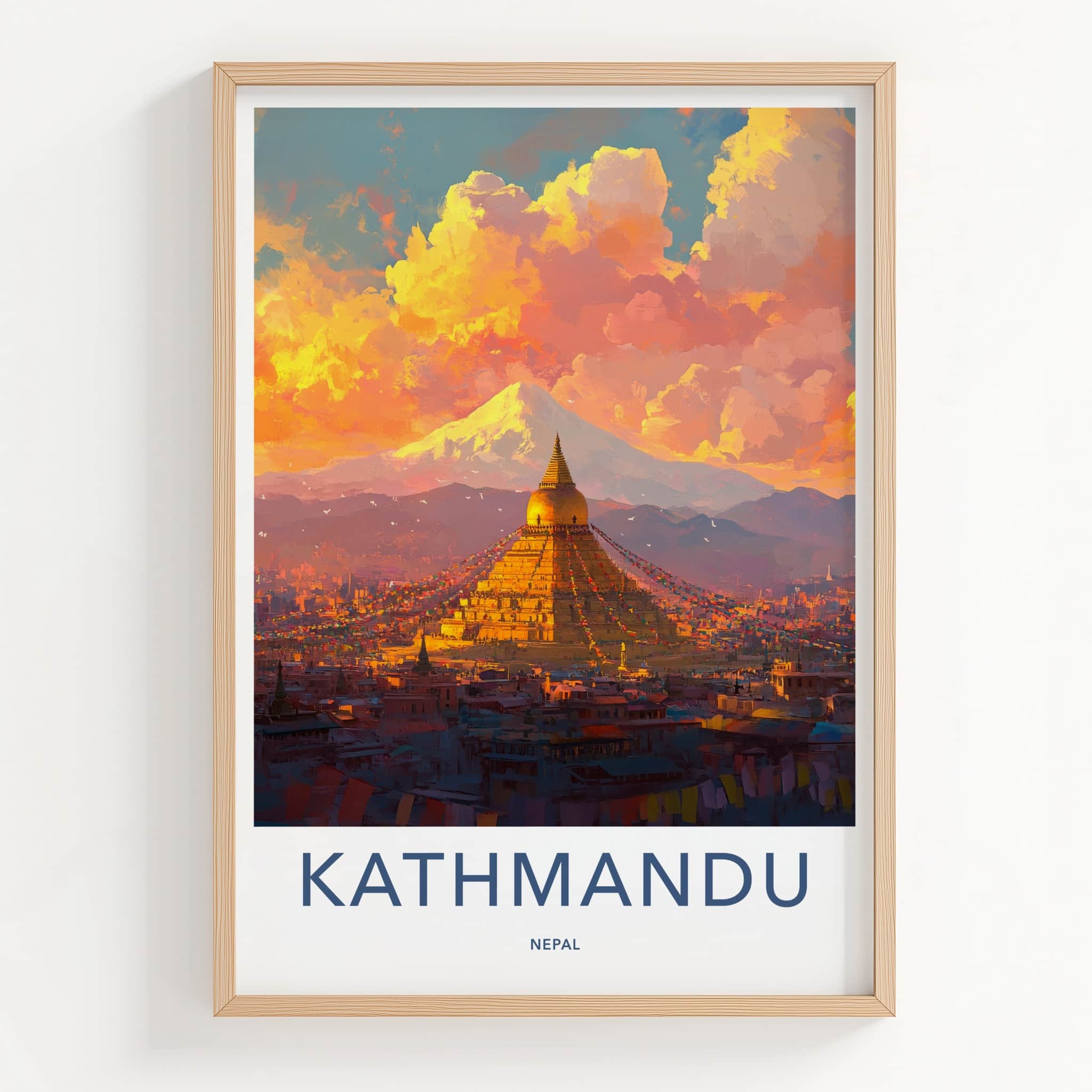 Kathmandu Poster - Nepal Travel Art - Golden Stupa Sunset Home Decor