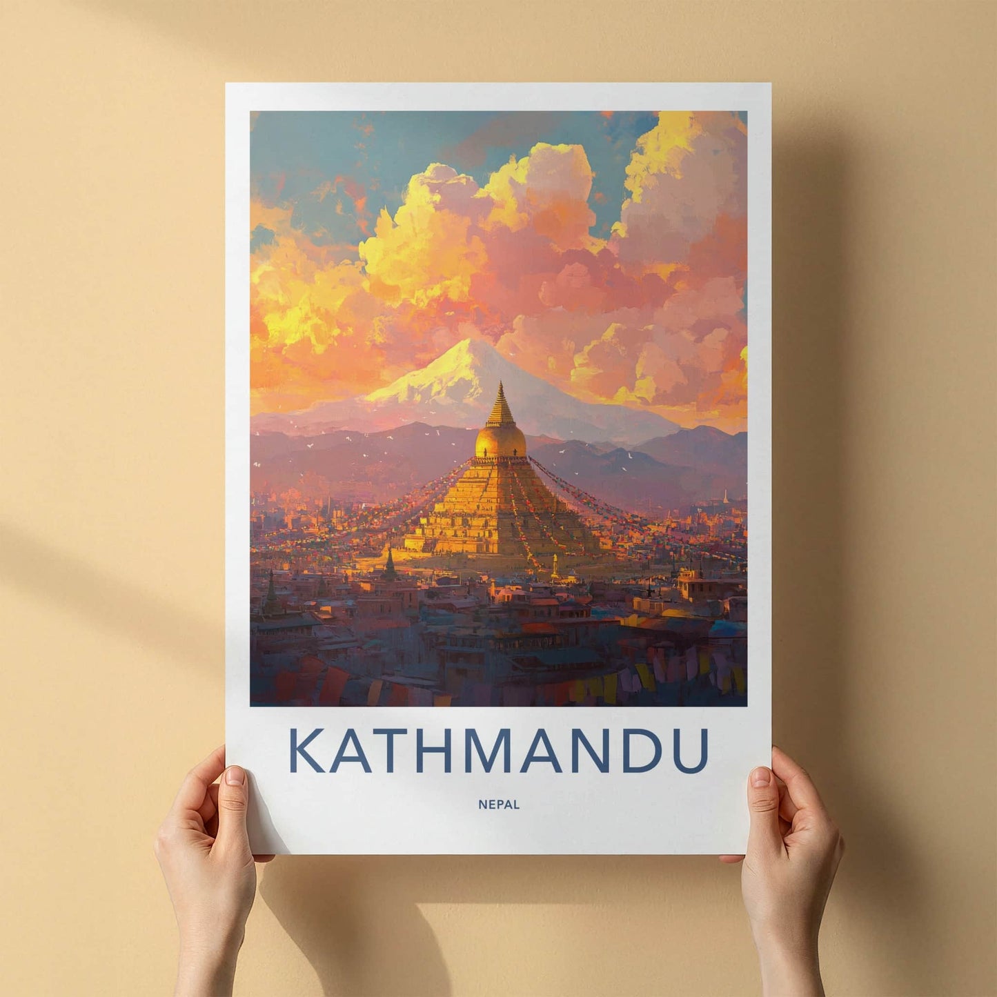 Kathmandu Poster - Nepal Travel Art - Golden Stupa Sunset Home Decor