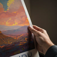 Kathmandu Poster - Nepal Travel Art - Golden Stupa Sunset Home Decor