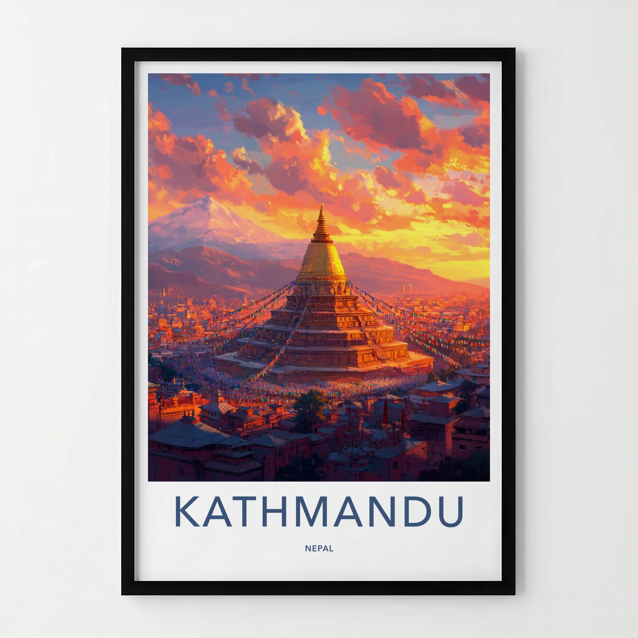 Kathmandu Poster - Nepal Travel Art - Golden Stupa Sunset Home Decor