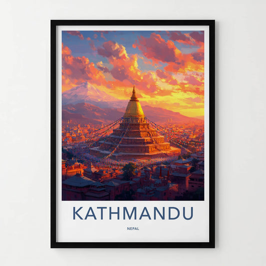 Kathmandu Poster - Nepal Travel Art - Golden Stupa Sunset Home Decor