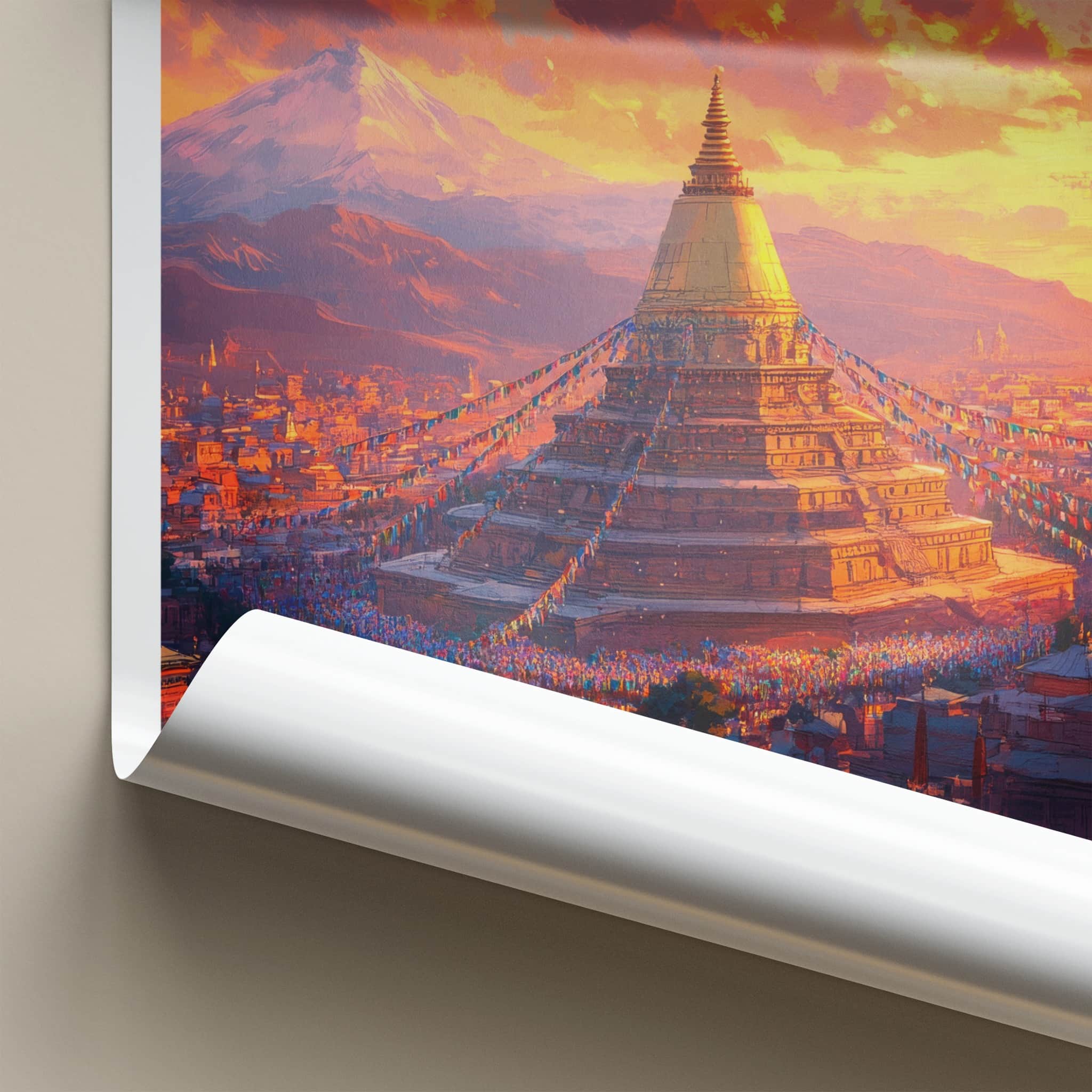 Kathmandu Poster - Nepal Travel Art - Golden Stupa Sunset Home Decor