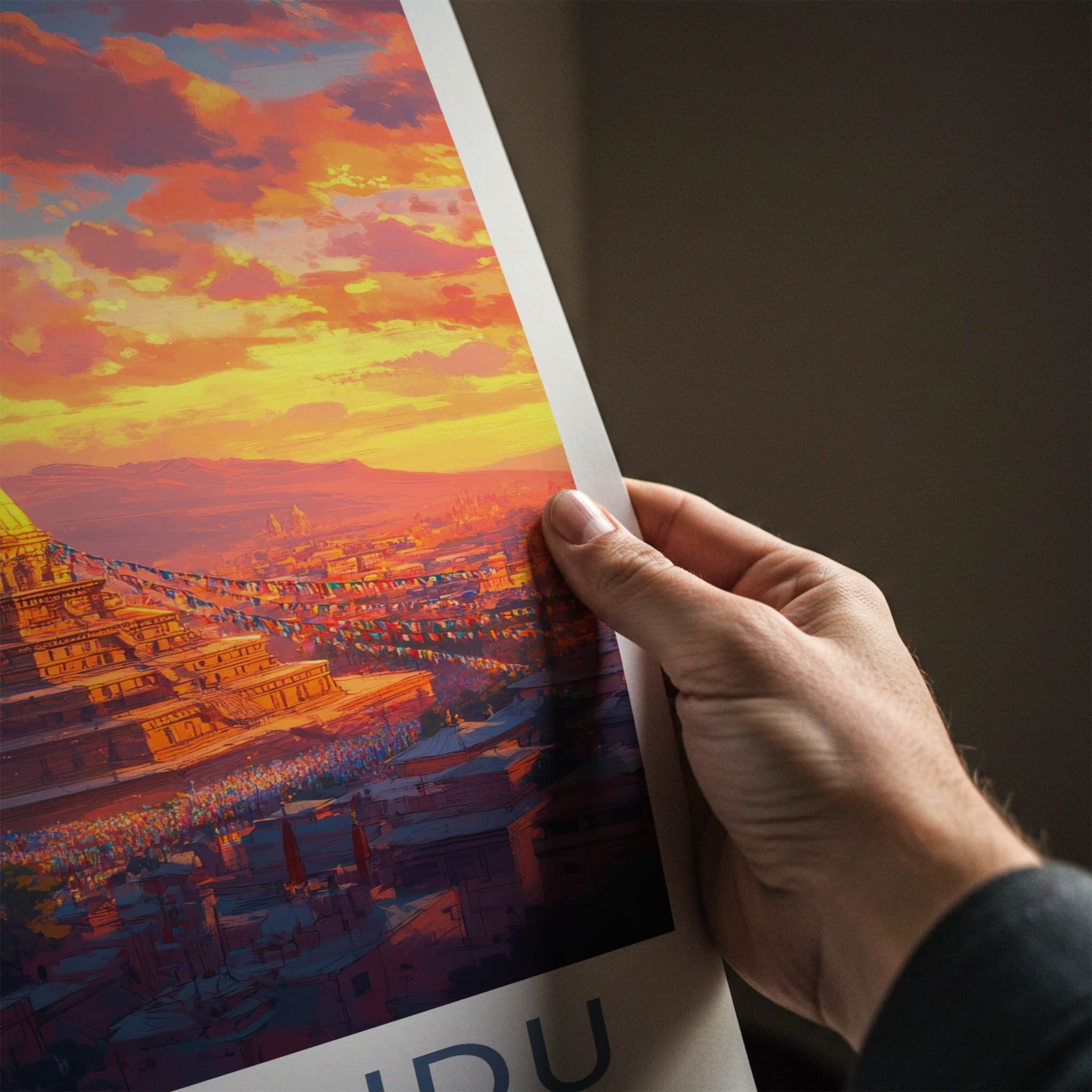 Kathmandu Poster - Nepal Travel Art - Golden Stupa Sunset Home Decor