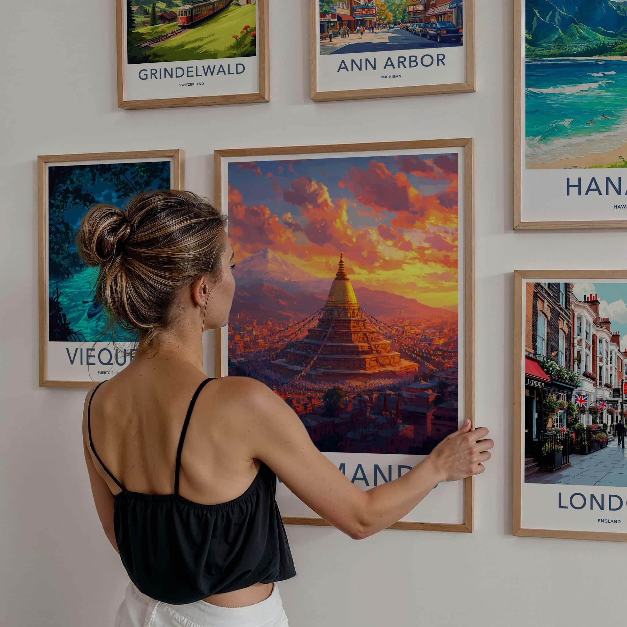 Kathmandu Poster - Nepal Travel Art - Golden Stupa Sunset Home Decor