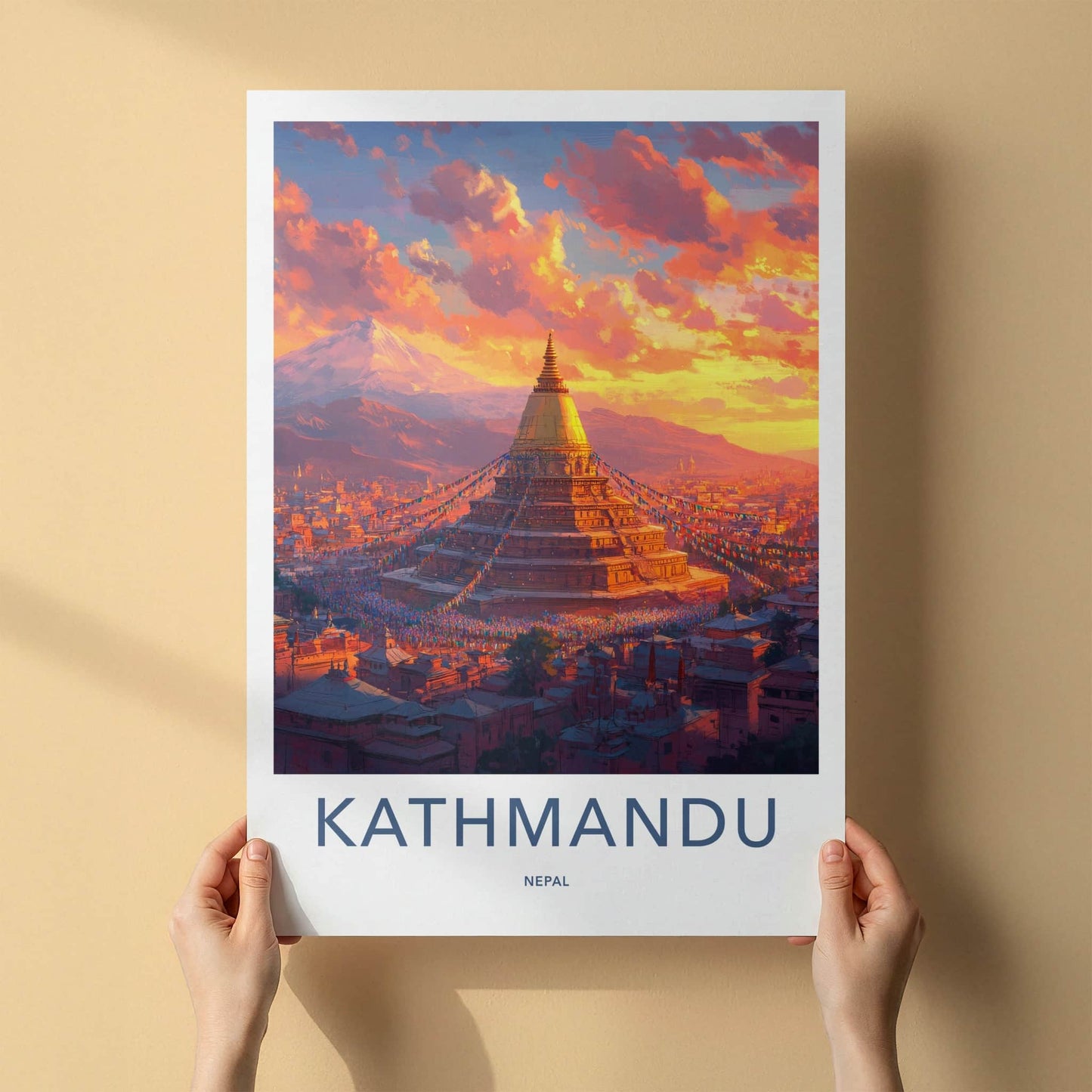 Kathmandu Poster - Nepal Travel Art - Golden Stupa Sunset Home Decor