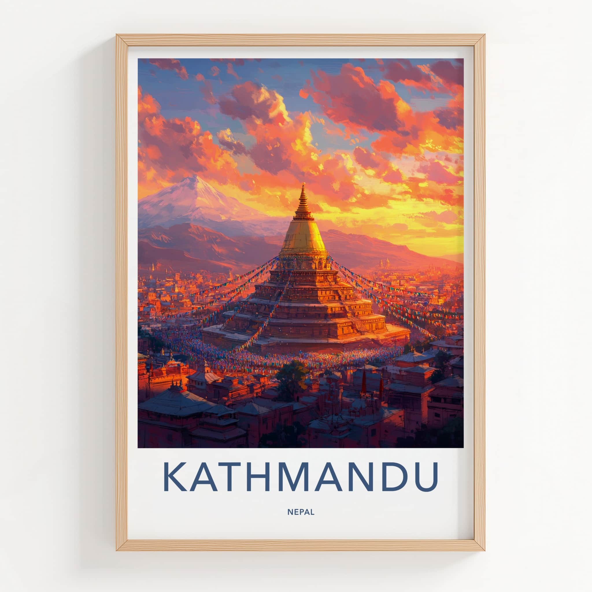 Kathmandu Poster - Nepal Travel Art - Golden Stupa Sunset Home Decor