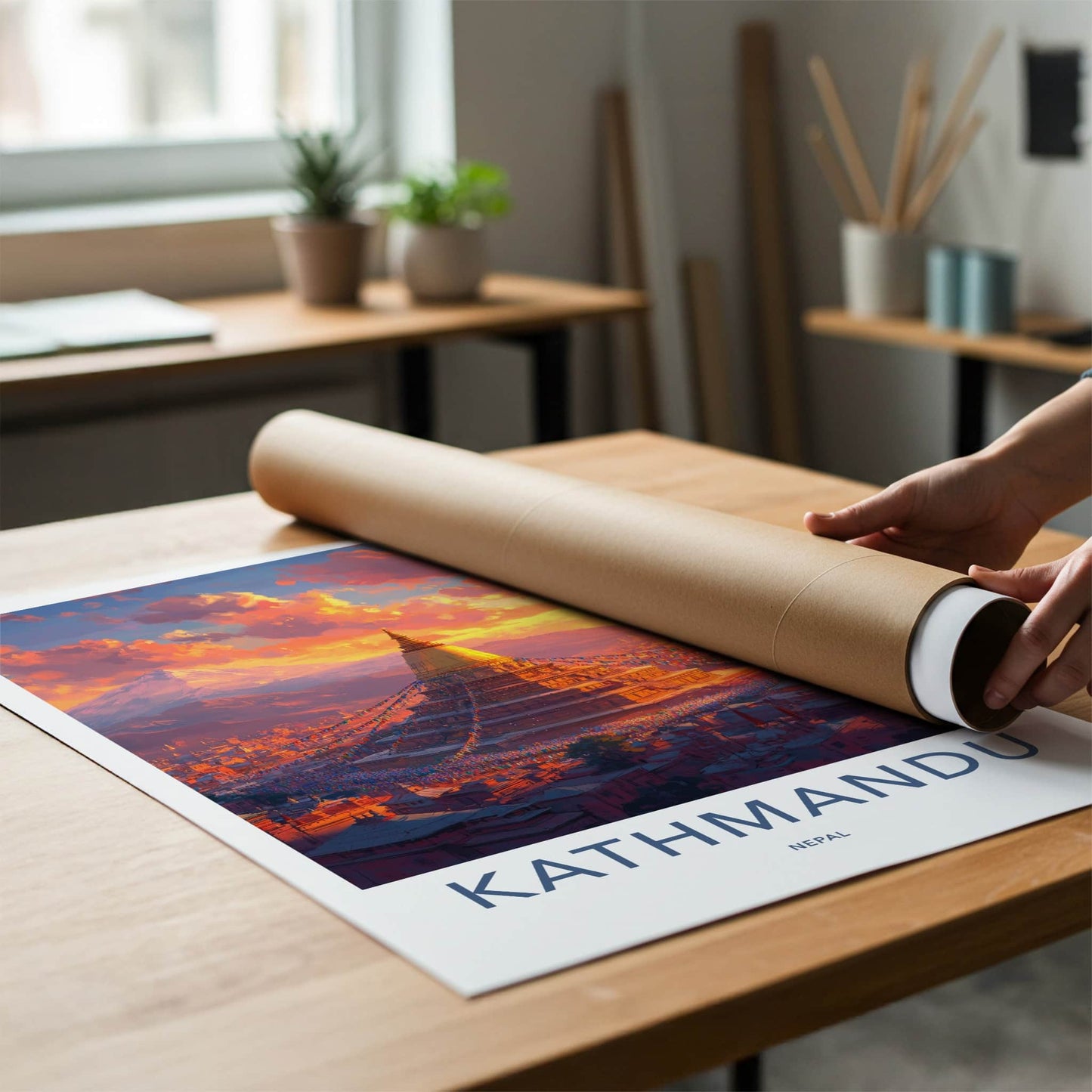 Kathmandu Poster - Nepal Travel Art - Golden Stupa Sunset Home Decor