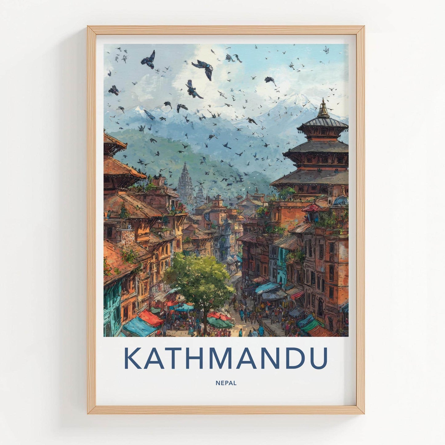Kathmandu Poster - Nepal Travel Art - Historic Cityscape Birds Wall Decor