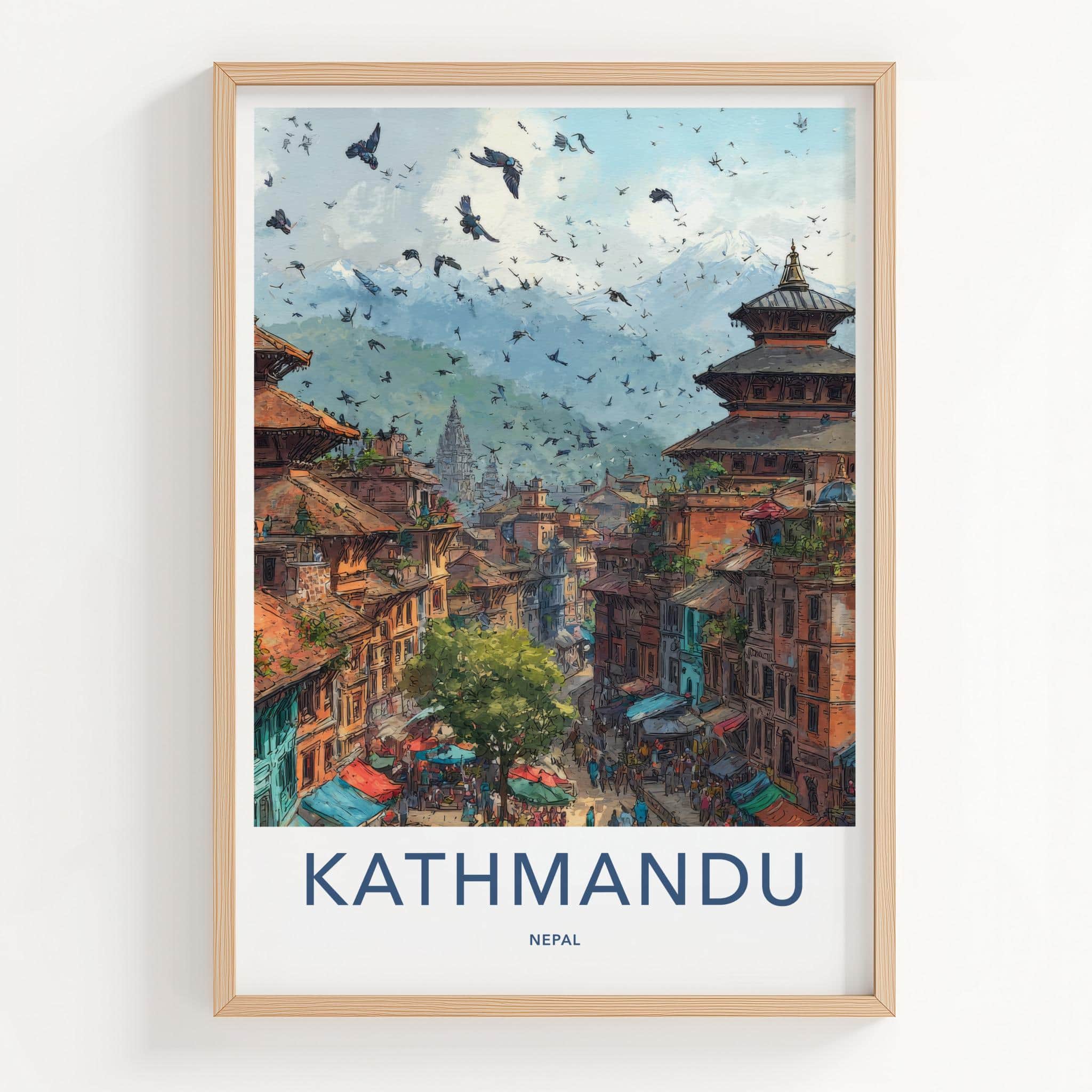 Kathmandu Poster - Nepal Travel Art - Historic Cityscape Birds Wall Decor