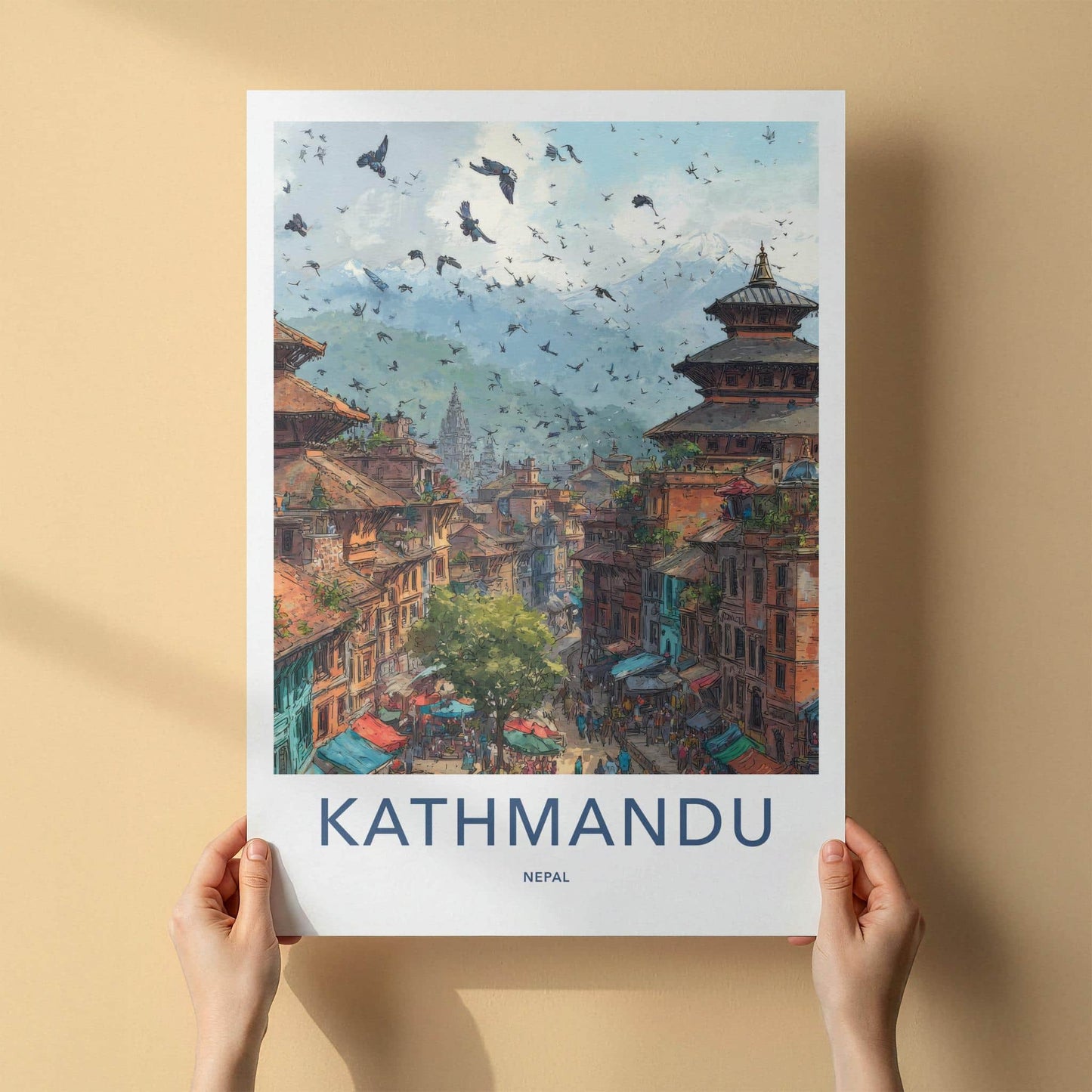 Kathmandu Poster - Nepal Travel Art - Historic Cityscape Birds Wall Decor