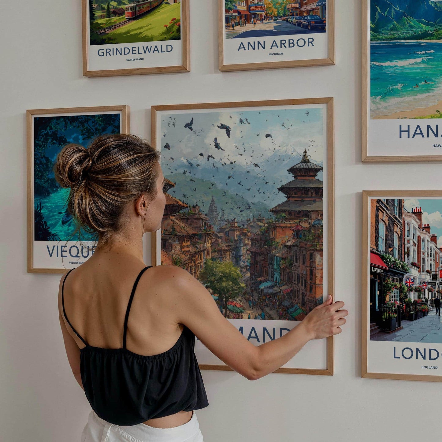 Kathmandu Poster - Nepal Travel Art - Historic Cityscape Birds Wall Decor