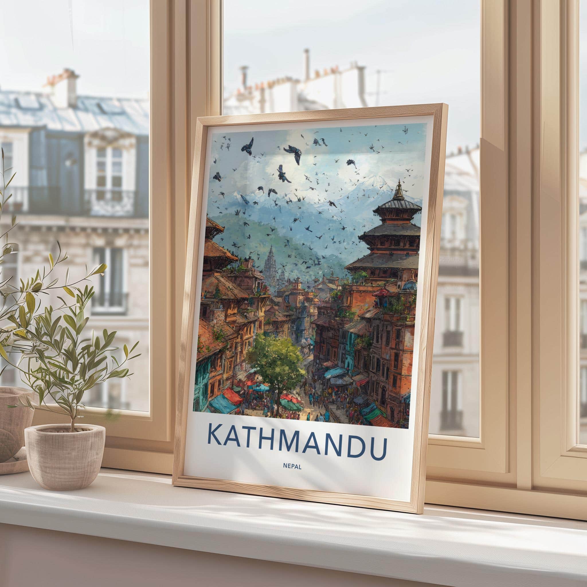 Kathmandu Poster - Nepal Travel Art - Historic Cityscape Birds Wall Decor