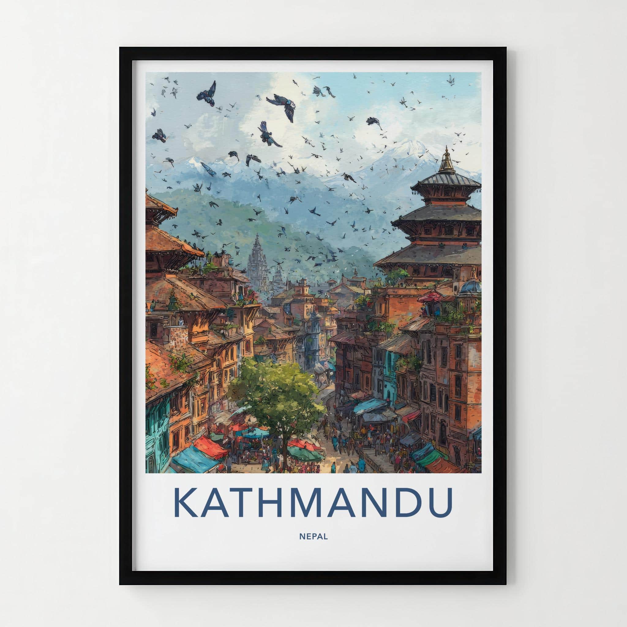 Kathmandu Poster - Nepal Travel Art - Historic Cityscape Birds Wall Decor