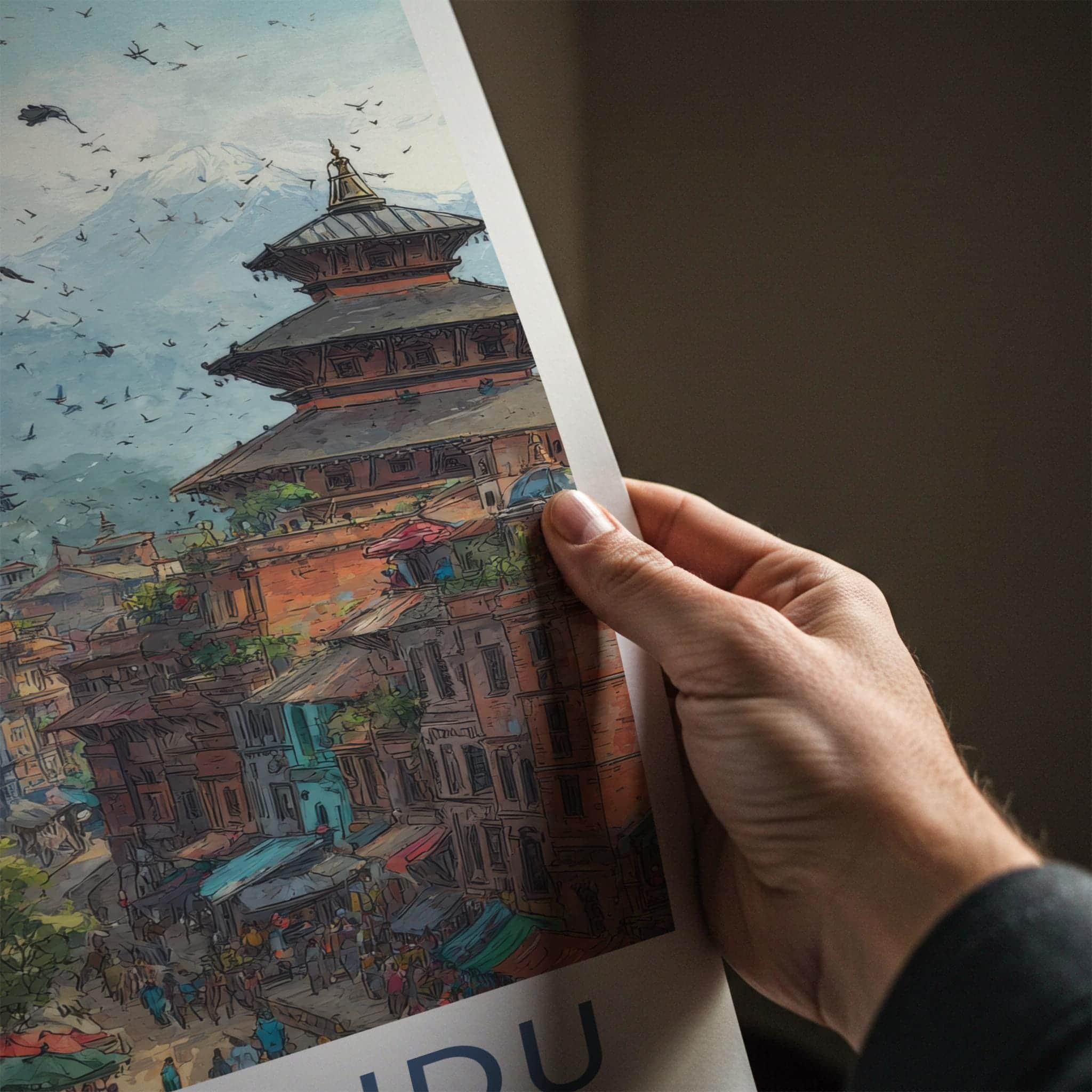 Kathmandu Poster - Nepal Travel Art - Historic Cityscape Birds Wall Decor