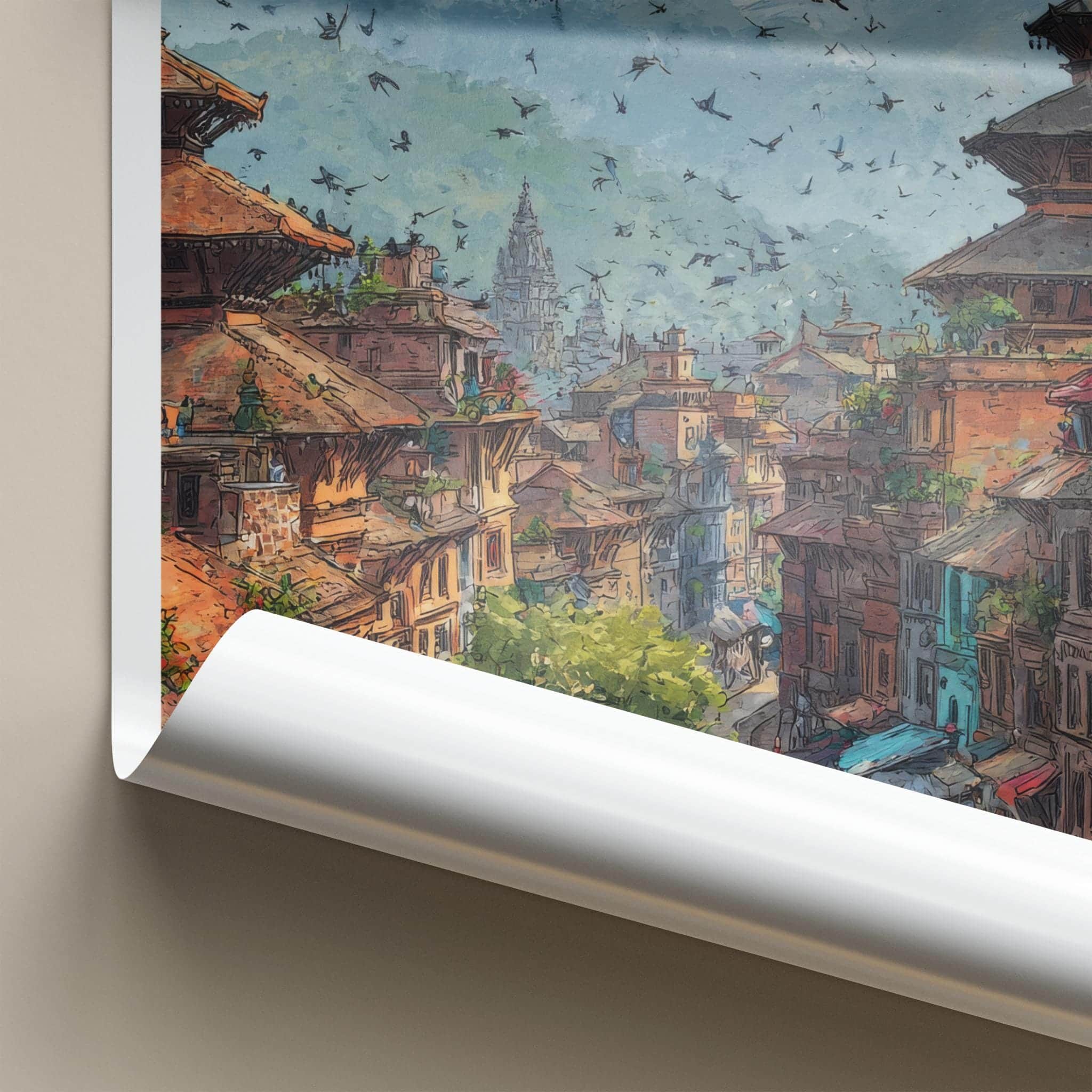 Kathmandu Poster - Nepal Travel Art - Historic Cityscape Birds Wall Decor