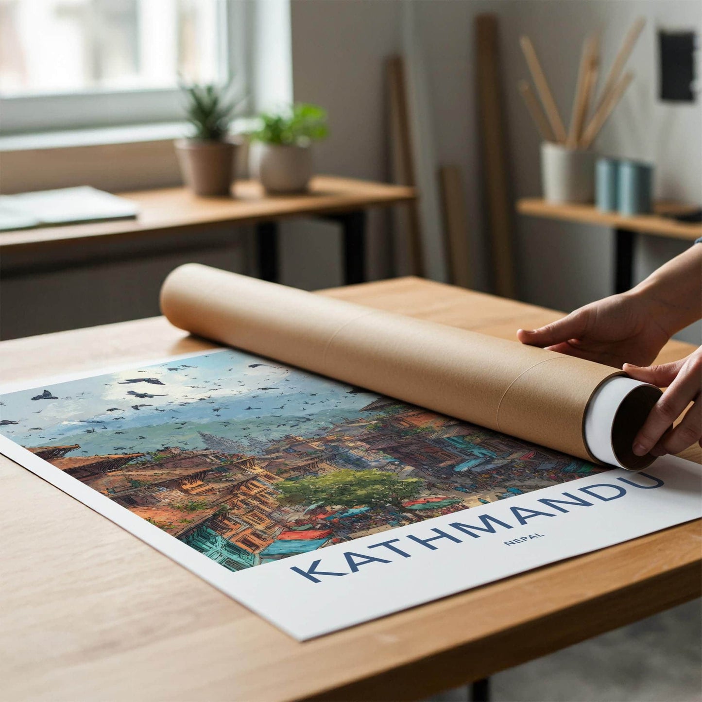 Kathmandu Poster - Nepal Travel Art - Historic Cityscape Birds Wall Decor