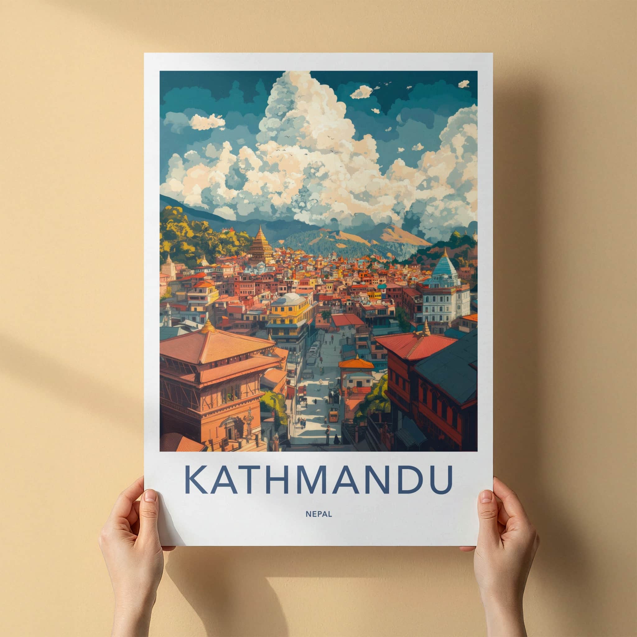 Kathmandu Poster - Nepal Travel Art - Historic Temple Cityscape Home Decor