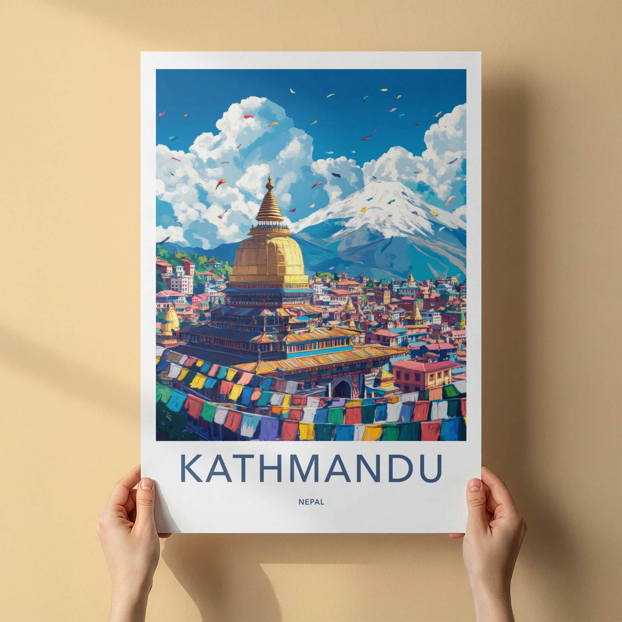 Kathmandu Poster - Nepal Travel Art - Stupa Prayer Flags Home Decor