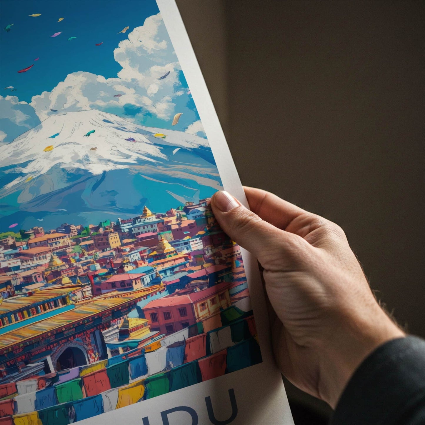 Kathmandu Poster - Nepal Travel Art - Stupa Prayer Flags Home Decor