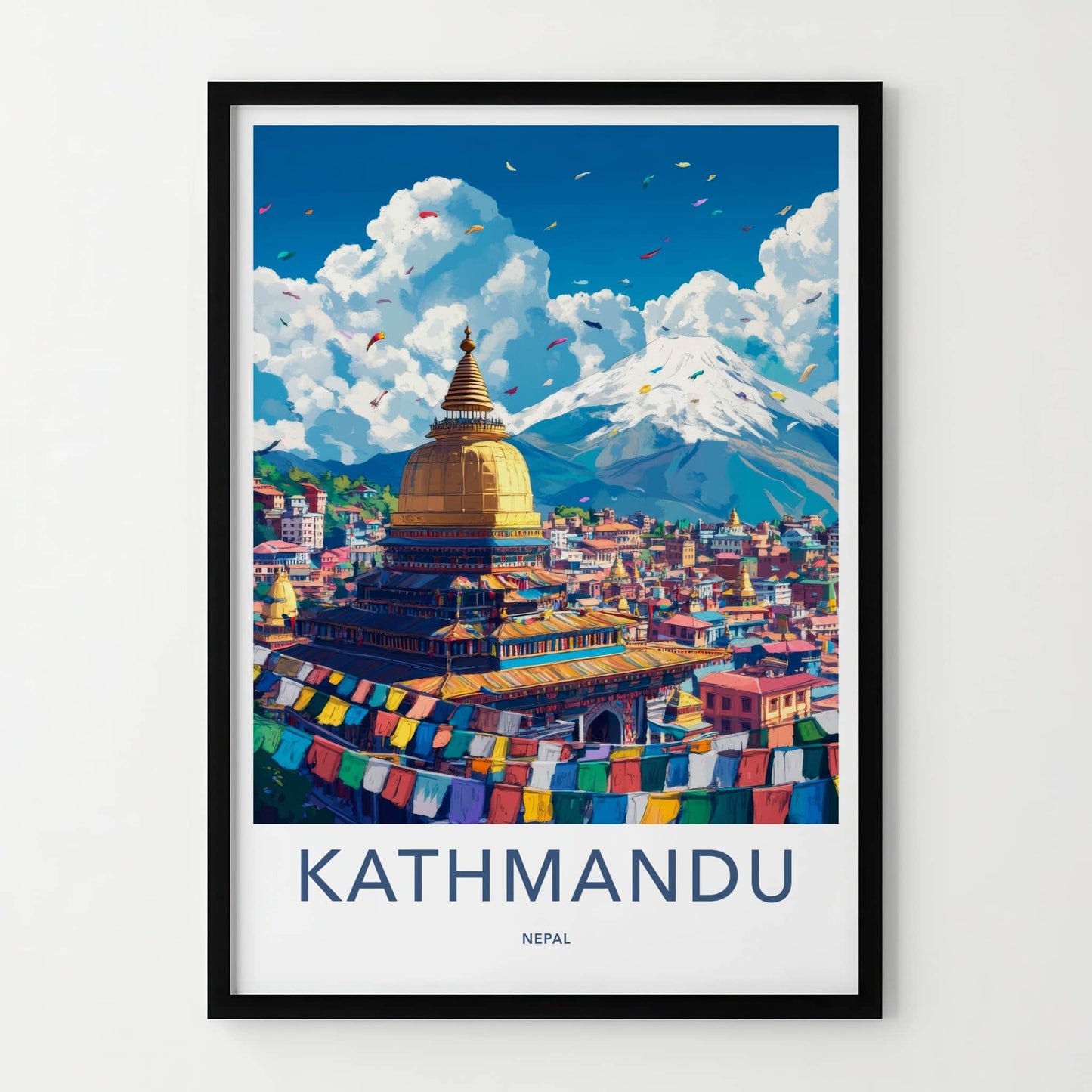 Kathmandu Poster - Nepal Travel Art - Stupa Prayer Flags Home Decor