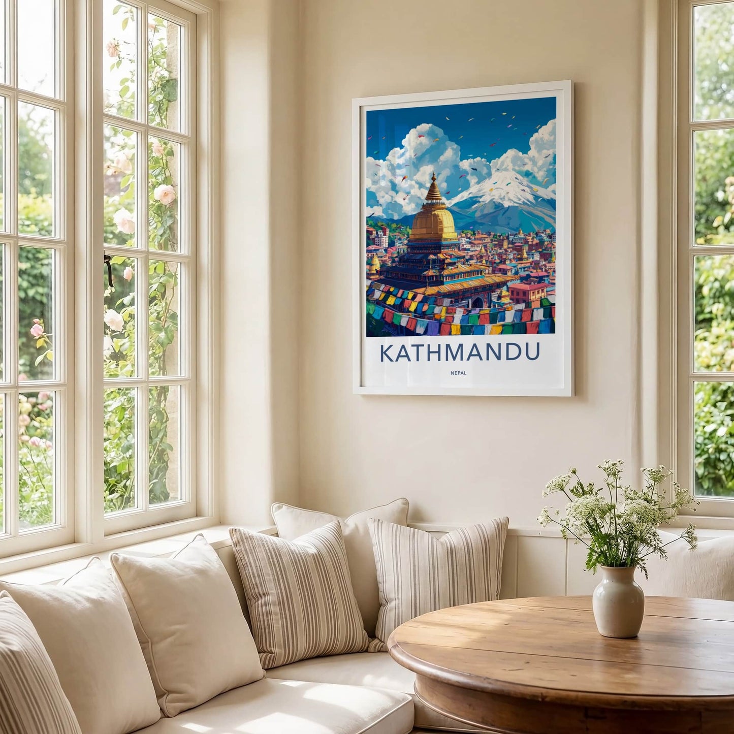 Kathmandu Poster - Nepal Travel Art - Stupa Prayer Flags Home Decor