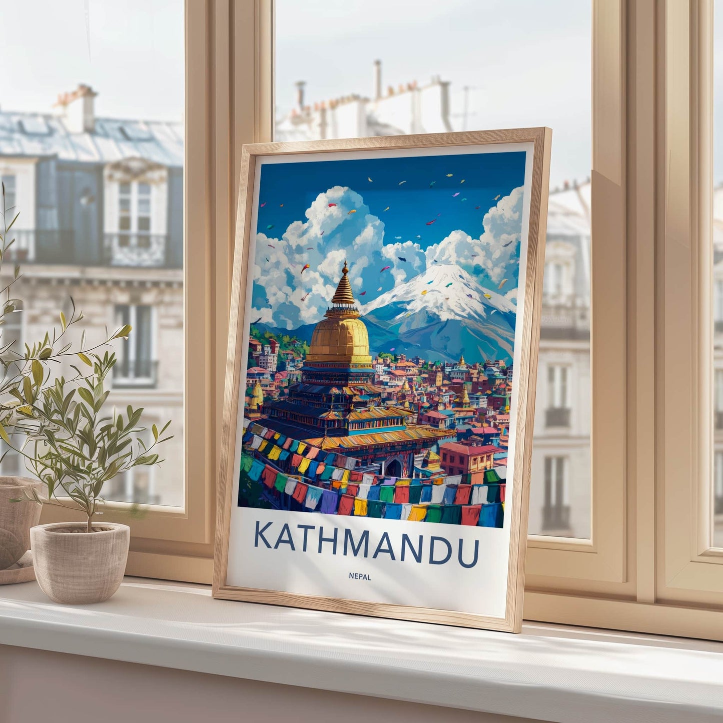 Kathmandu Poster - Nepal Travel Art - Stupa Prayer Flags Home Decor