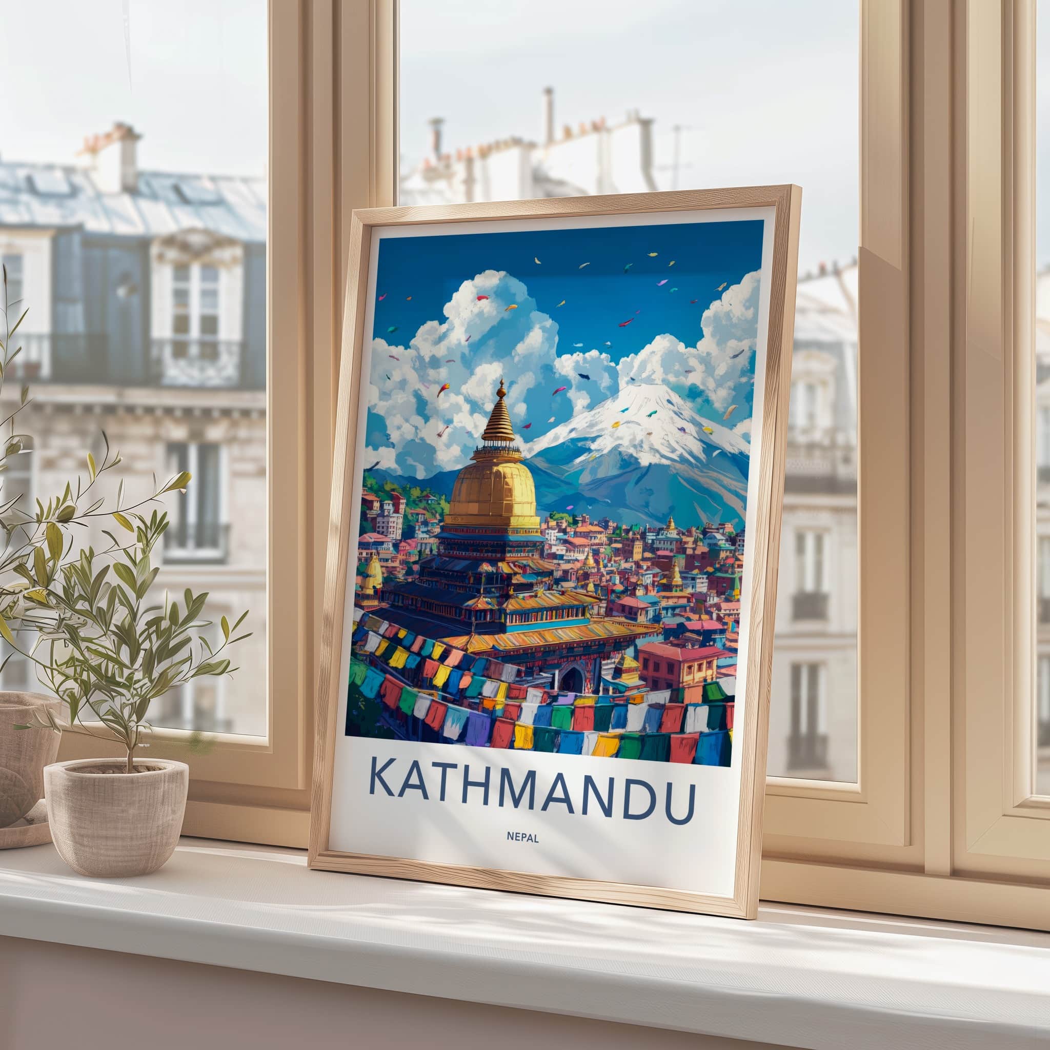 Kathmandu Poster - Nepal Travel Art - Stupa Prayer Flags Home Decor