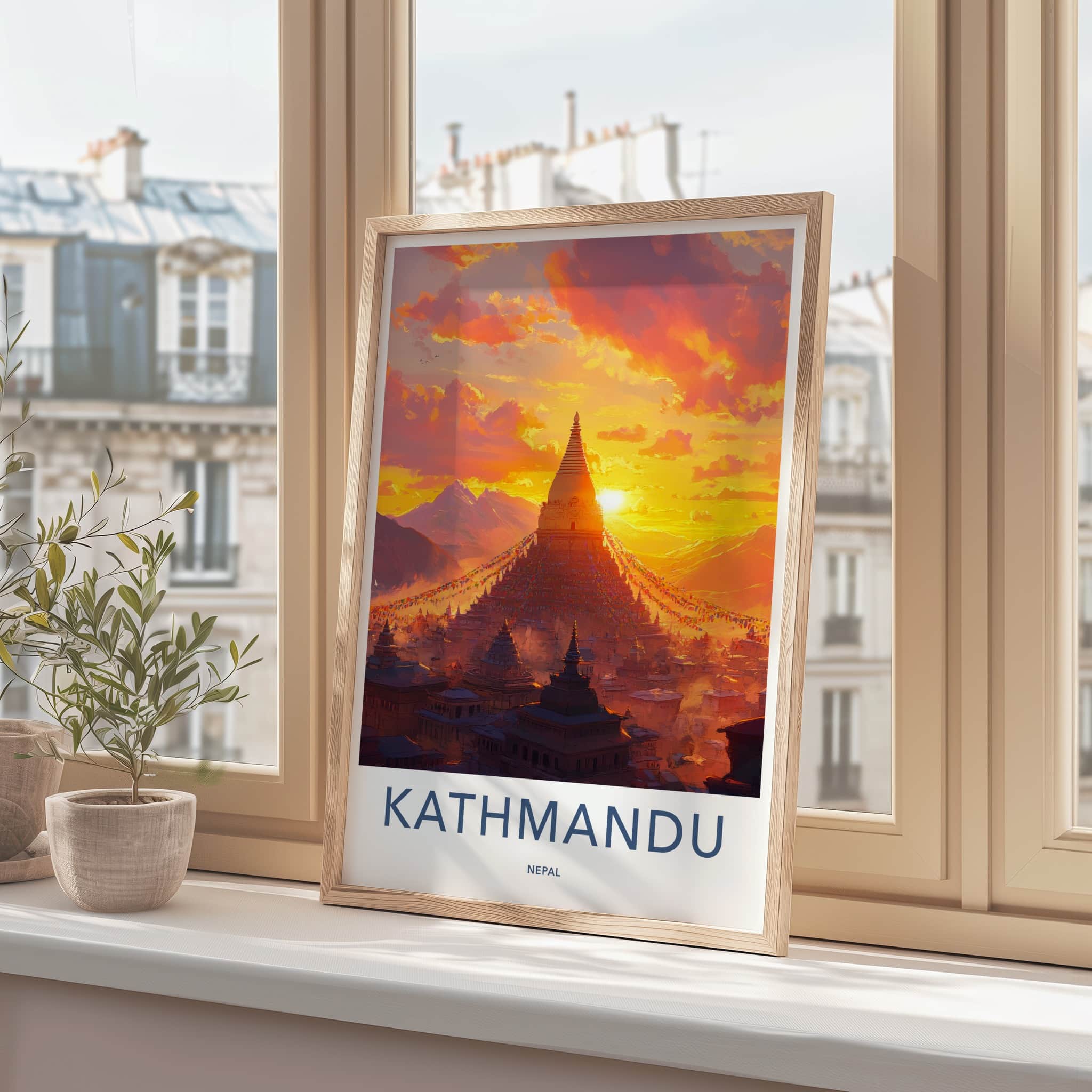 Kathmandu Poster - Nepal Wall Art - Vibrant Sunset Stupa Home Decor