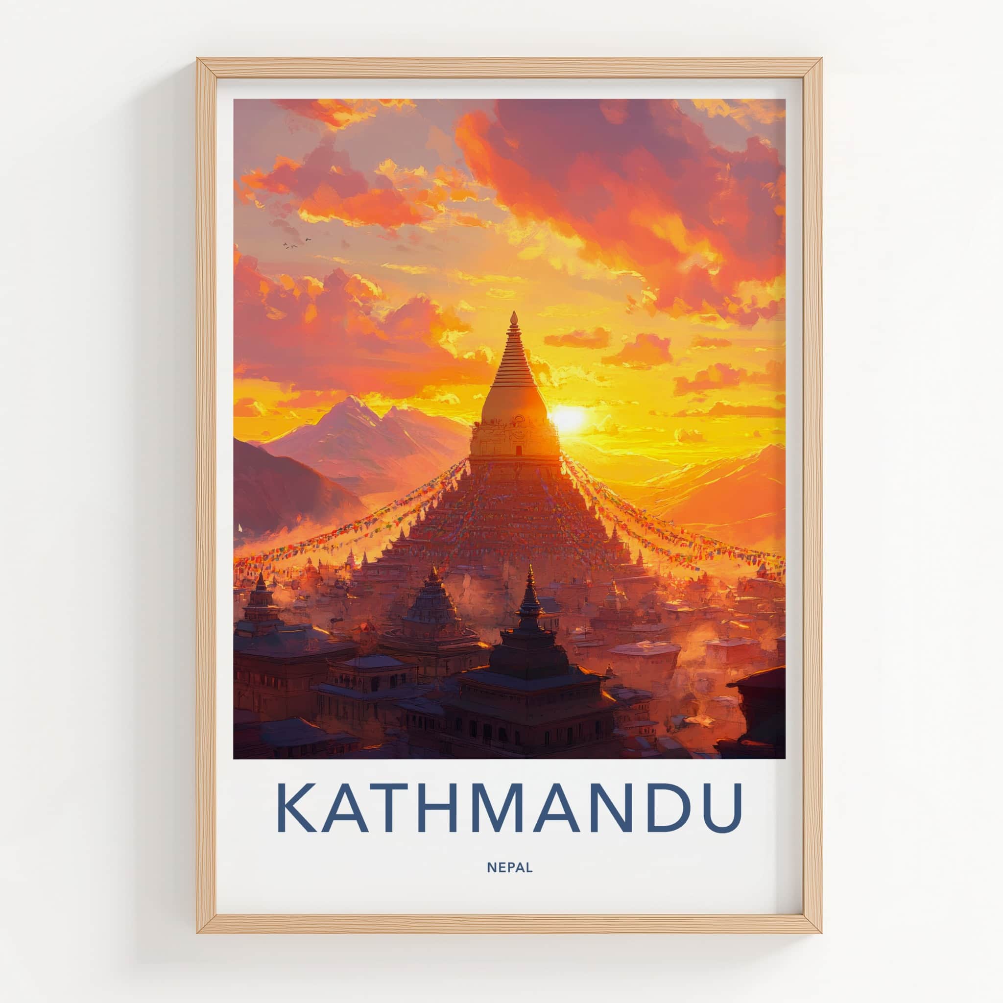 Kathmandu Poster - Nepal Wall Art - Vibrant Sunset Stupa Home Decor