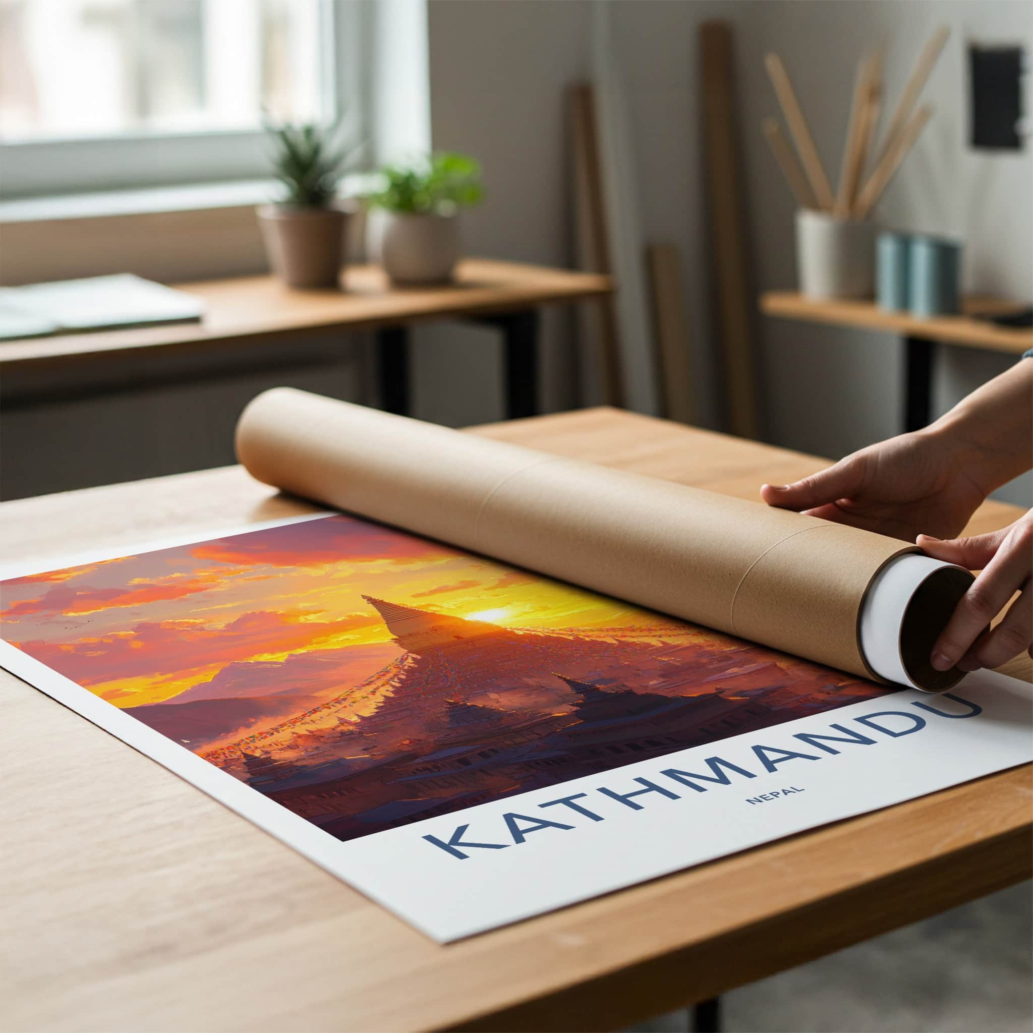 Kathmandu Poster - Nepal Wall Art - Vibrant Sunset Stupa Home Decor