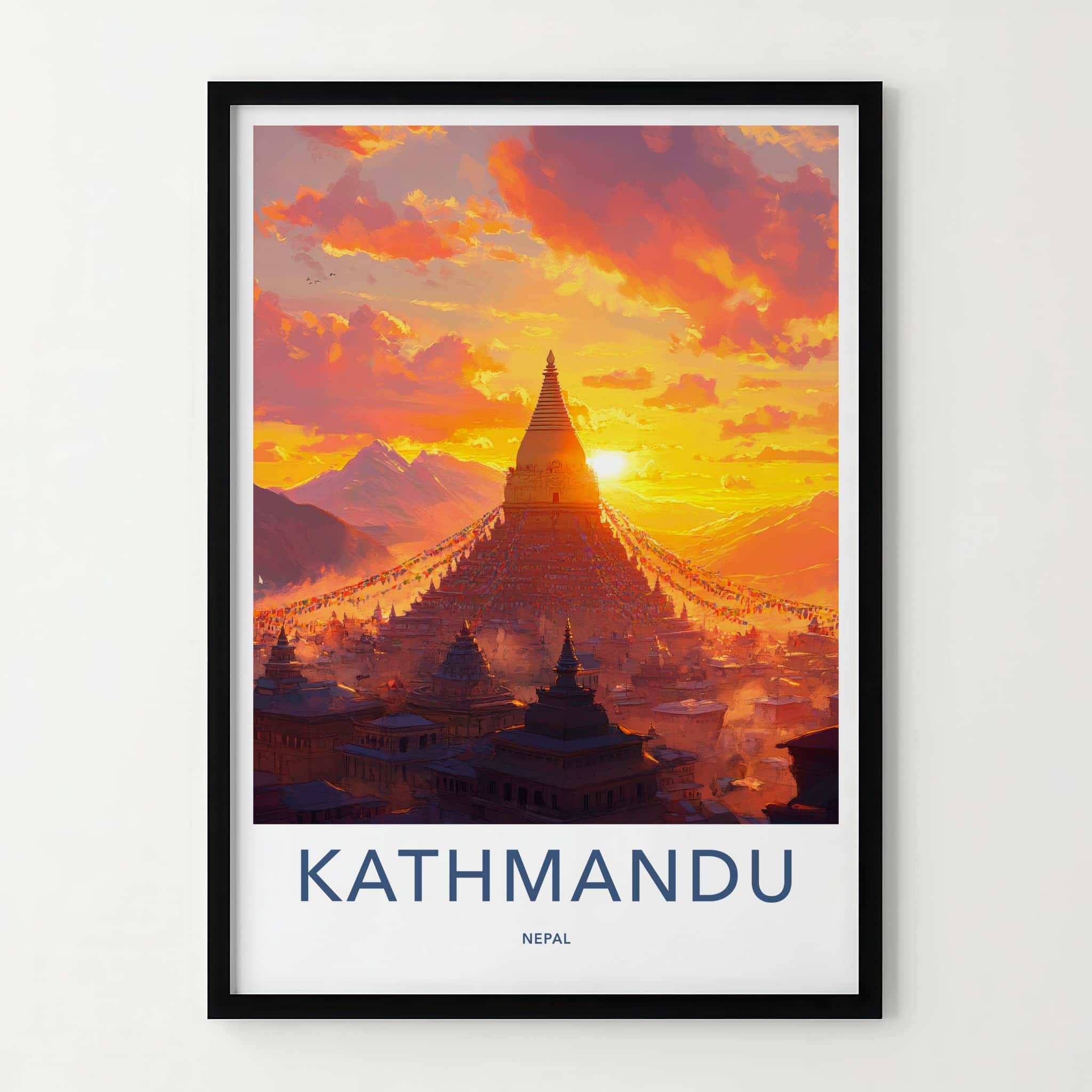 Kathmandu Poster - Nepal Wall Art - Vibrant Sunset Stupa Home Decor