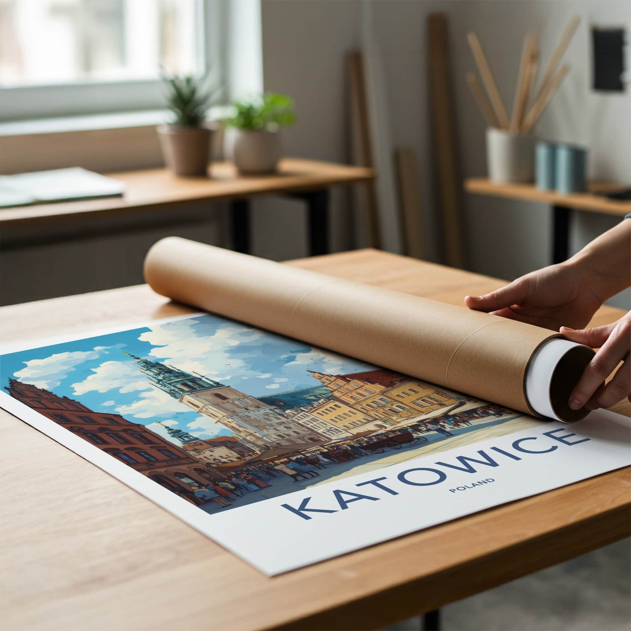 Katowice Poster - Poland Travel Art - Bustling Market Square Wall Decor