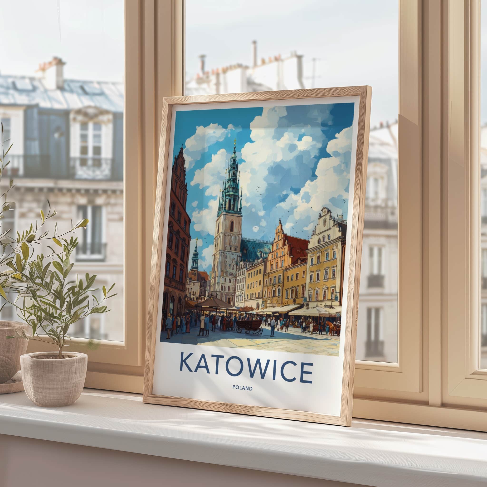 Katowice Poster - Poland Travel Art - Bustling Market Square Wall Decor