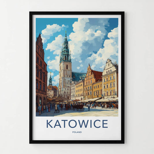 Katowice Poster - Poland Travel Art - Bustling Market Square Wall Decor