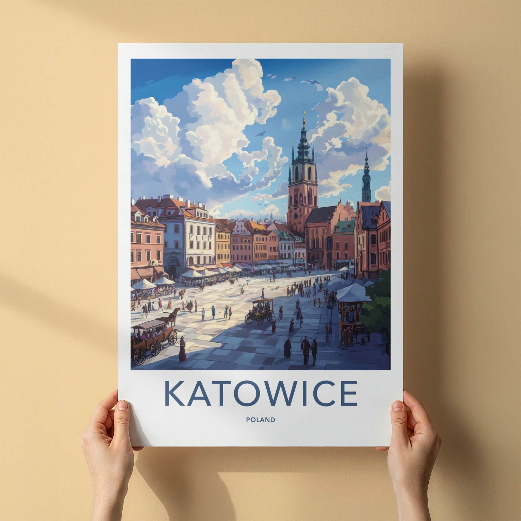 Katowice Poster - Poland Travel Art - Lively Town Square Home Decor