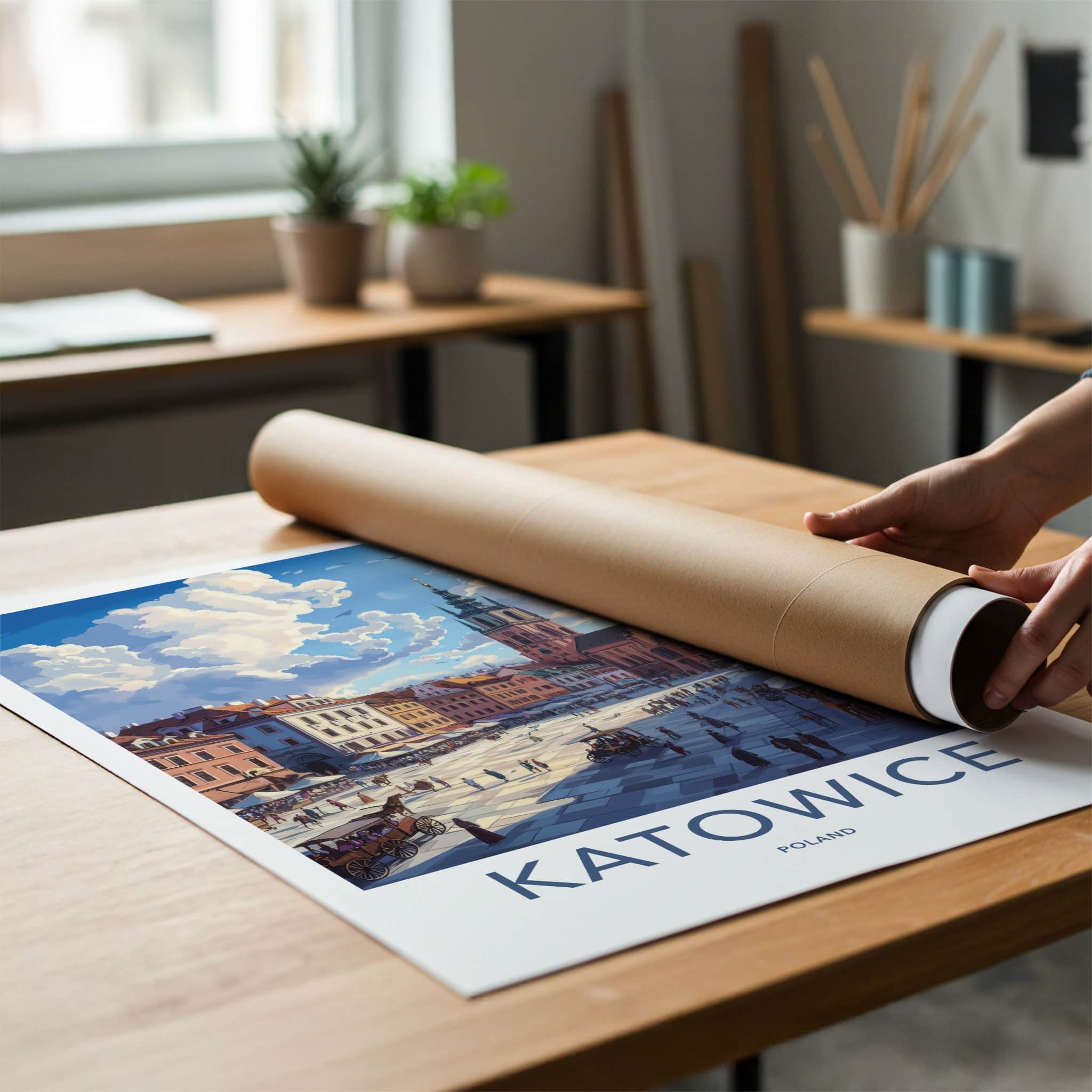 Katowice Poster - Poland Travel Art - Lively Town Square Home Decor