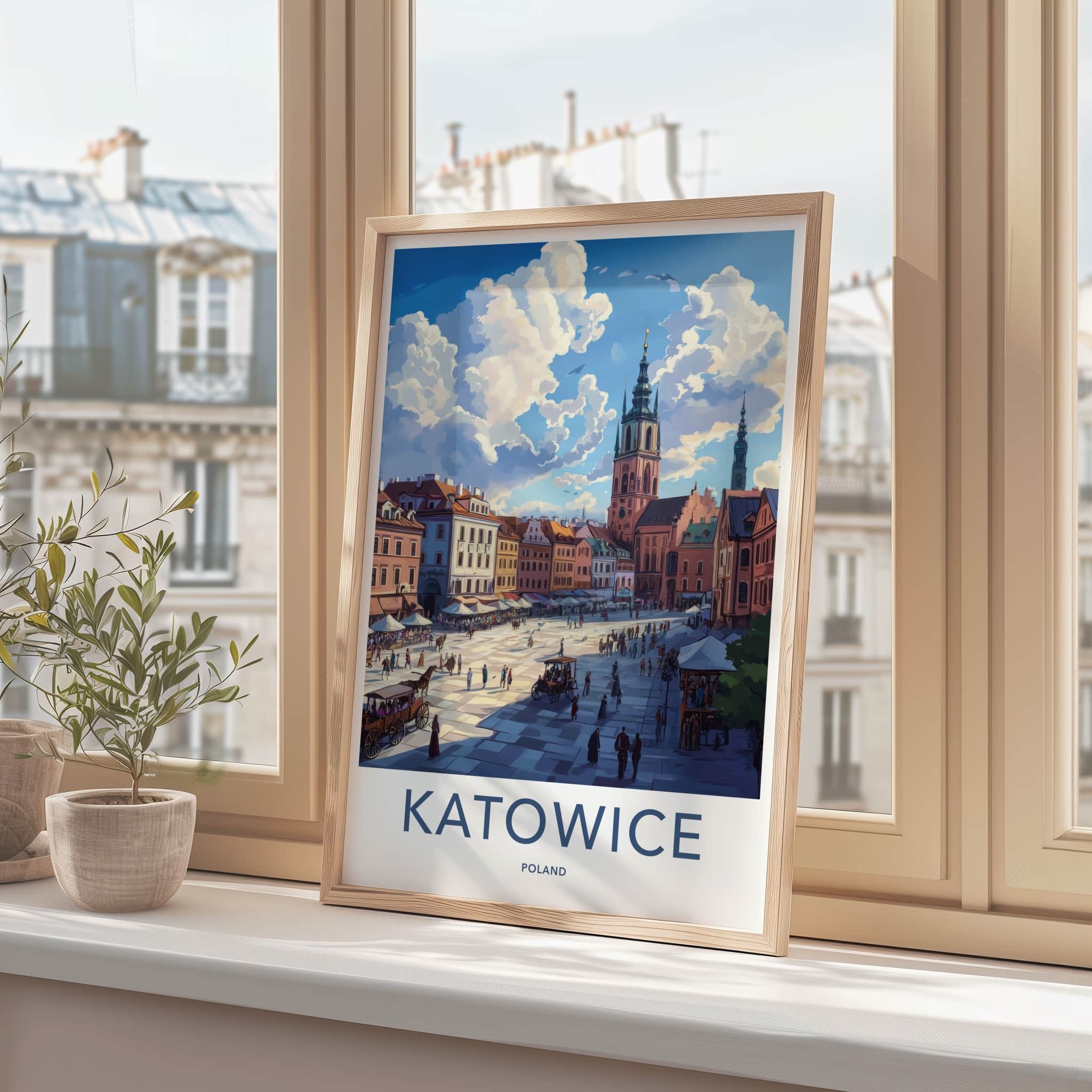 Katowice Poster - Poland Travel Art - Lively Town Square Home Decor