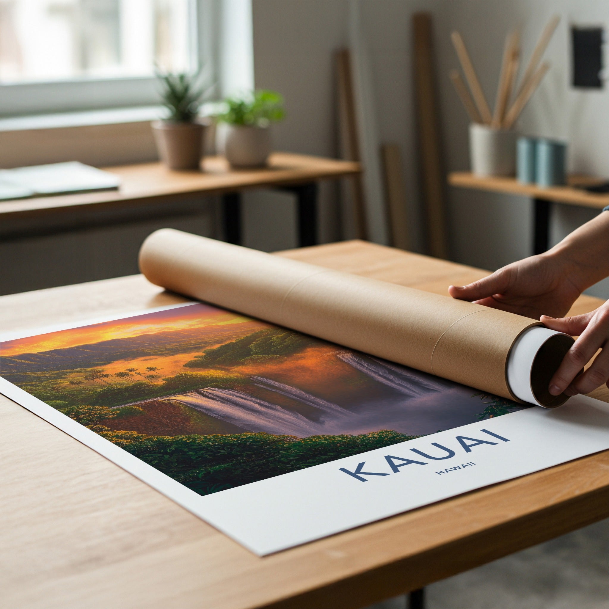 Kauai Poster - Hawaii Travel Art - Golden Sunset Waterfalls Wall Decor
