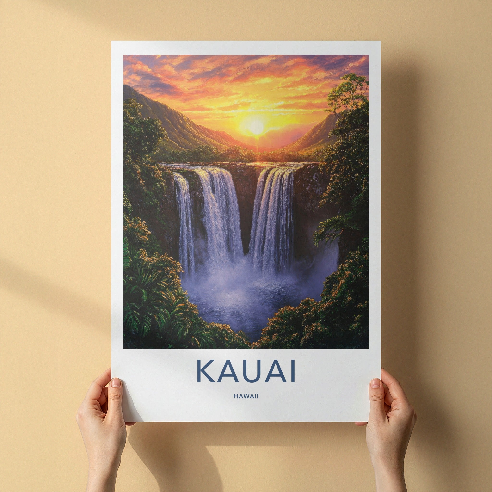 Kauai Poster - Hawaii Travel Art - Majestic Waterfall Sunset Home Decor