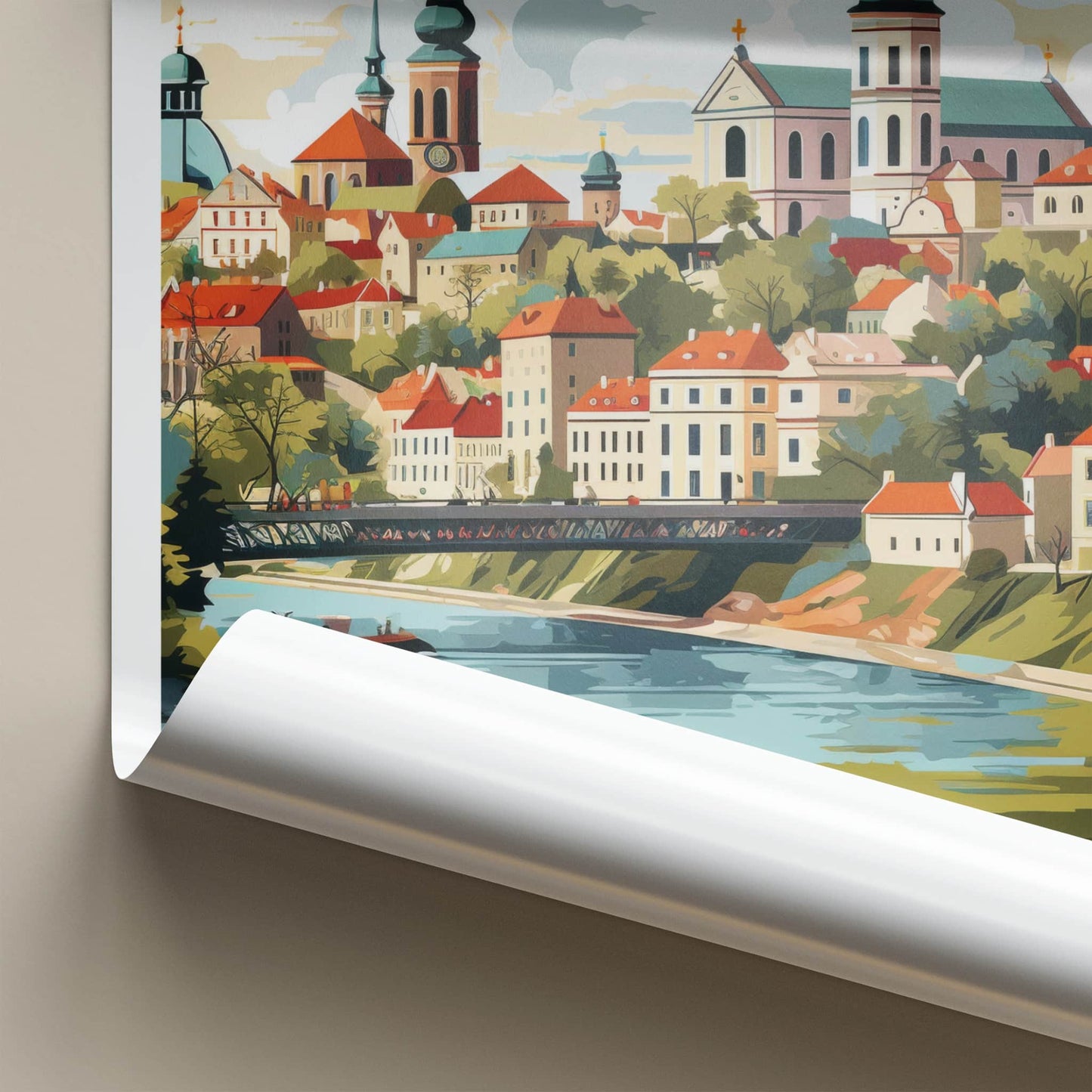 Kaunas Poster - Lithuania Travel Art - Historic City River Home Decor