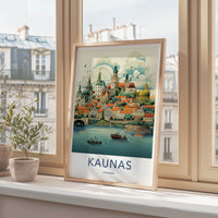 Kaunas Poster - Lithuania Travel Art - Riverfront City Skyline Wall Decor