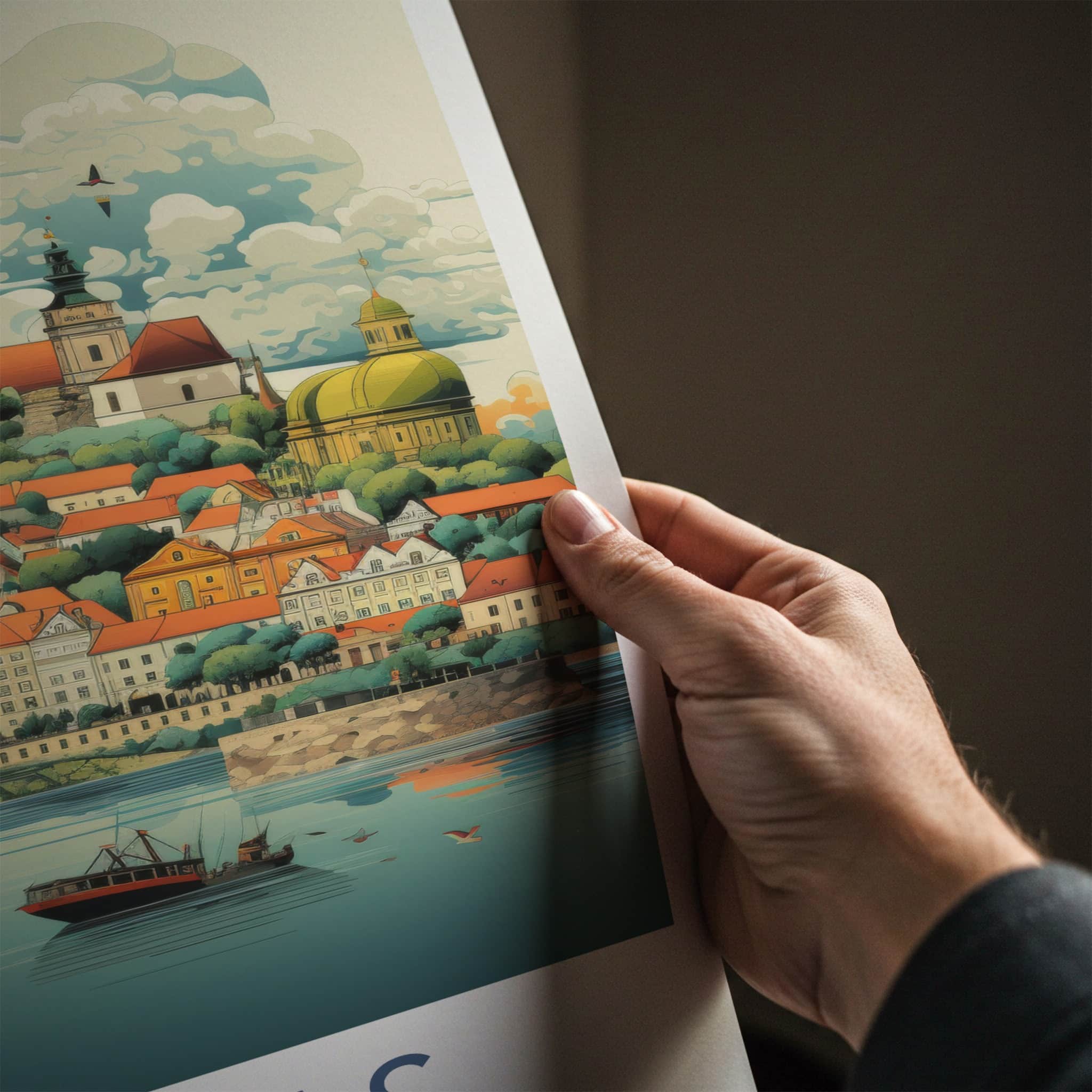 Kaunas Poster - Lithuania Travel Art - Riverfront City Skyline Wall Decor
