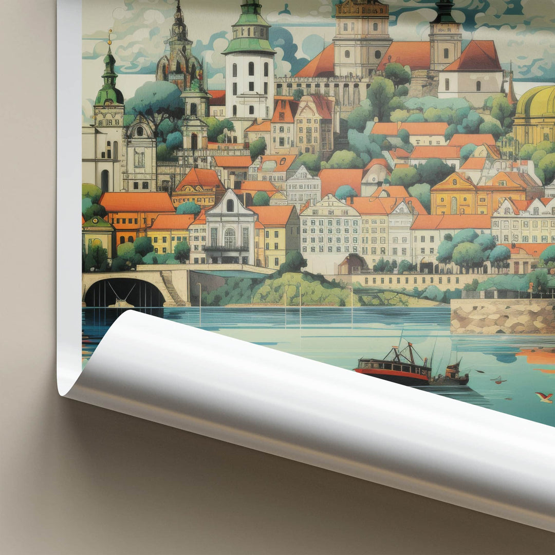 Kaunas Poster - Lithuania Travel Art - Riverfront City Skyline Wall Decor