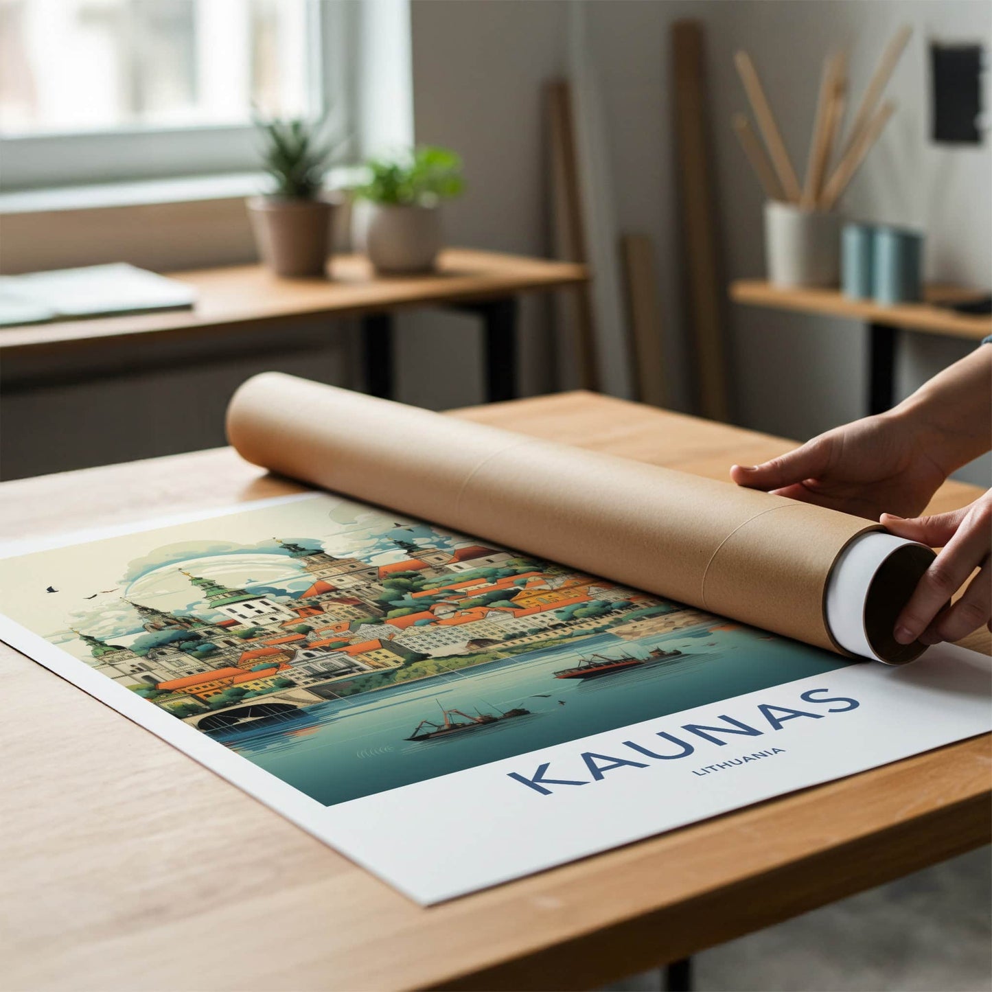 Kaunas Poster - Lithuania Travel Art - Riverfront City Skyline Wall Decor
