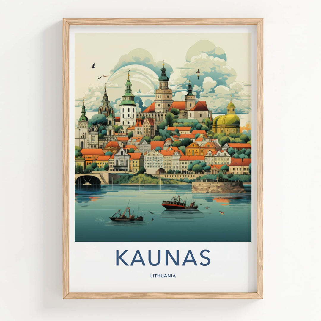 Kaunas Poster - Lithuania Travel Art - Riverfront City Skyline Wall Decor
