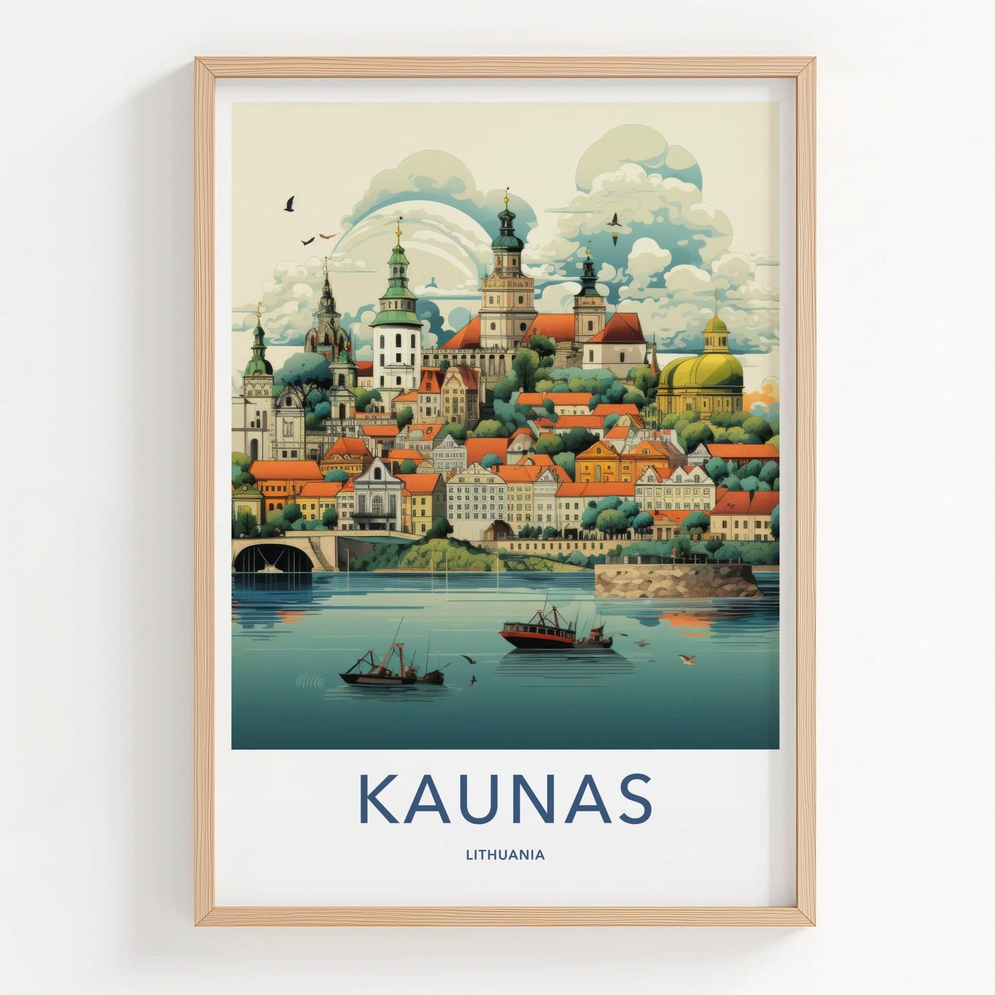 Kaunas Poster - Lithuania Travel Art - Riverfront City Skyline Wall Decor